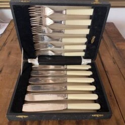 Vintage Fish Forks & Knives Silverplate & Celluloid -English 1930's?