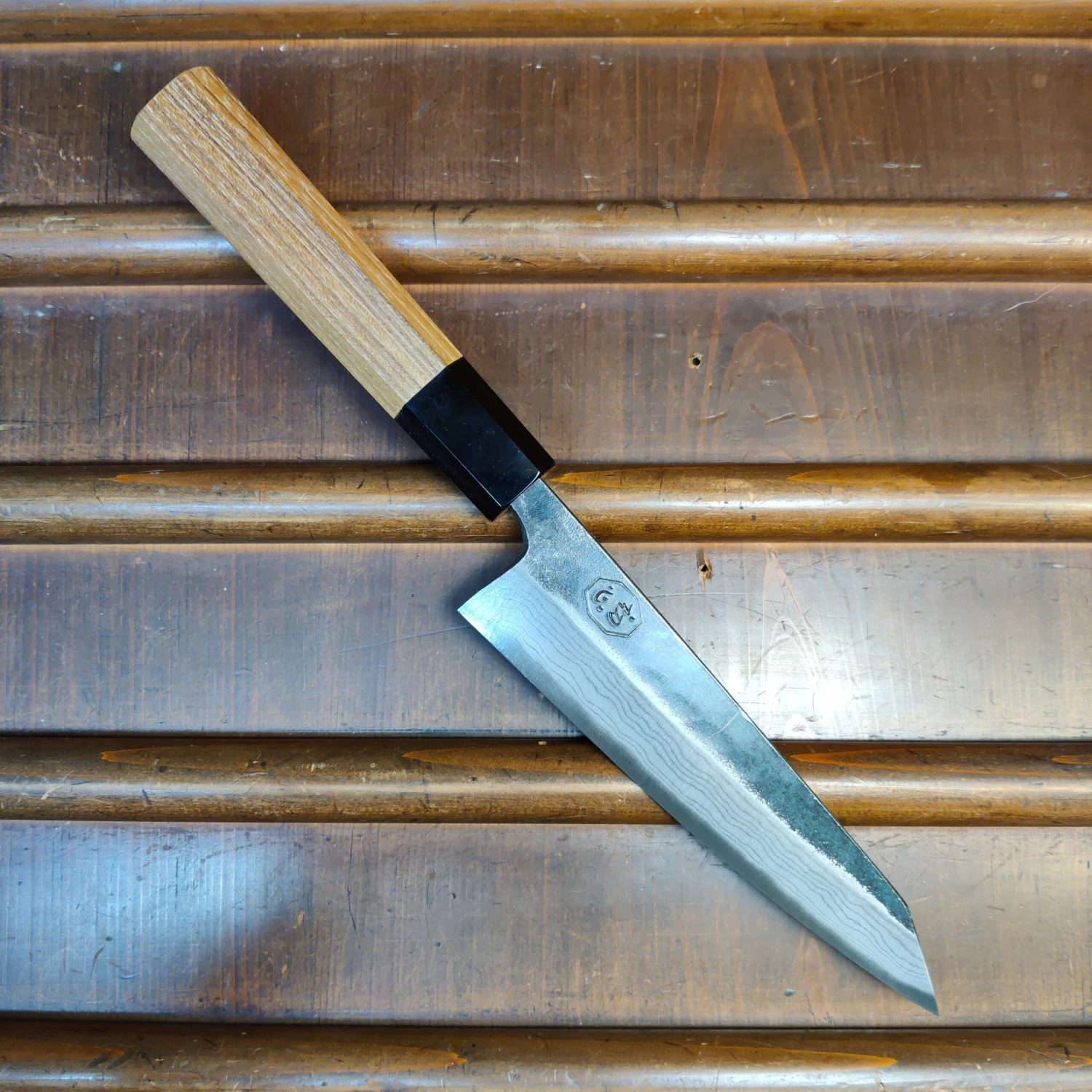 Kumokage 150mm Honesuki Aogami 2 Kurouchi Carbon Damascus Teak Horn