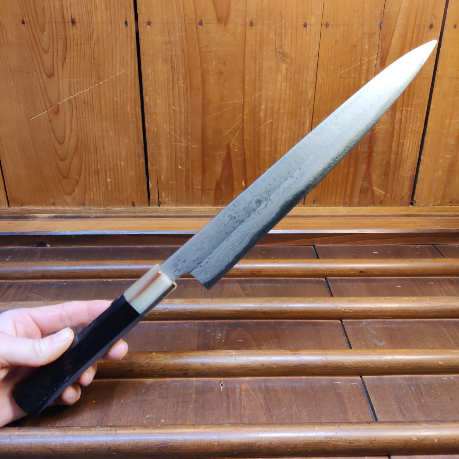 Yoshikazu Tanaka 240mm Sujihiki Shirogami 1 Damascus Ebony - Image 6