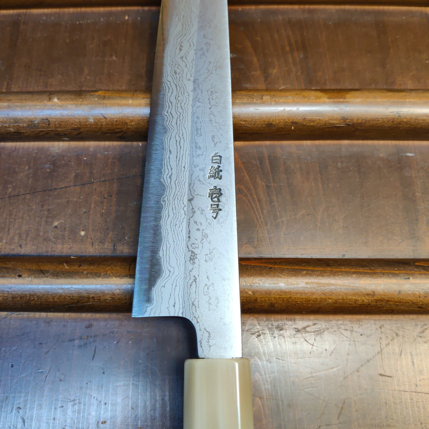 Yoshikazu Tanaka 240mm Sujihiki Shirogami 1 Damascus Ebony - Image 7