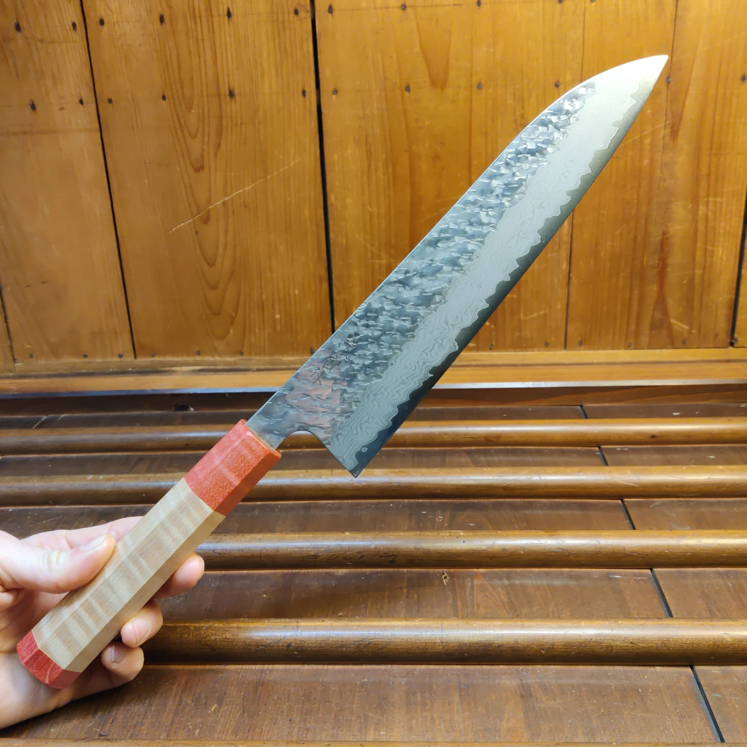 Nigara Hamono 240mm Gyuto VG10 Suminagashi Tsuchime Maple - Image 6