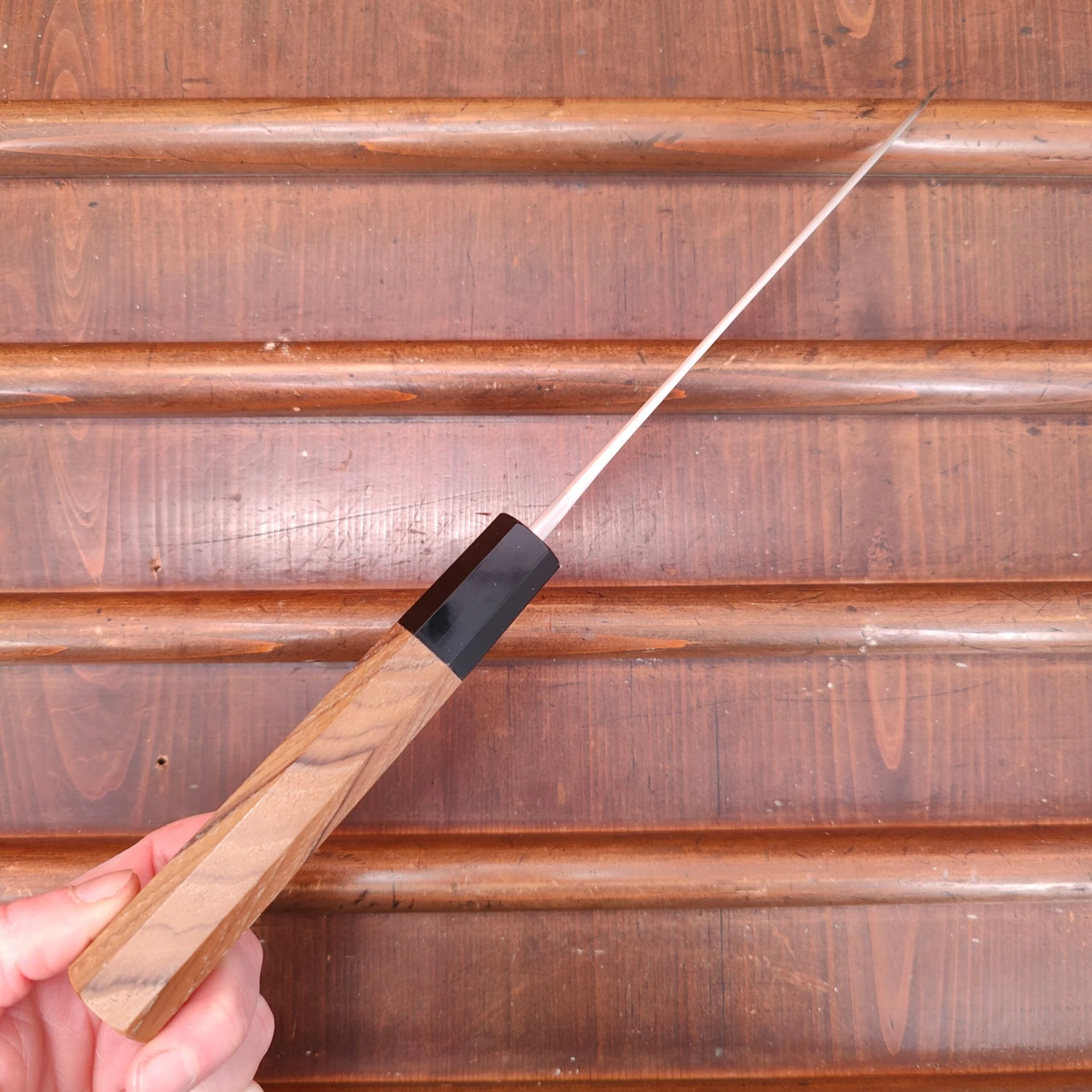 Yoshikane Hamono 165mm Santoku Shirogami 2 Nashiji Teak Handle - Image 4