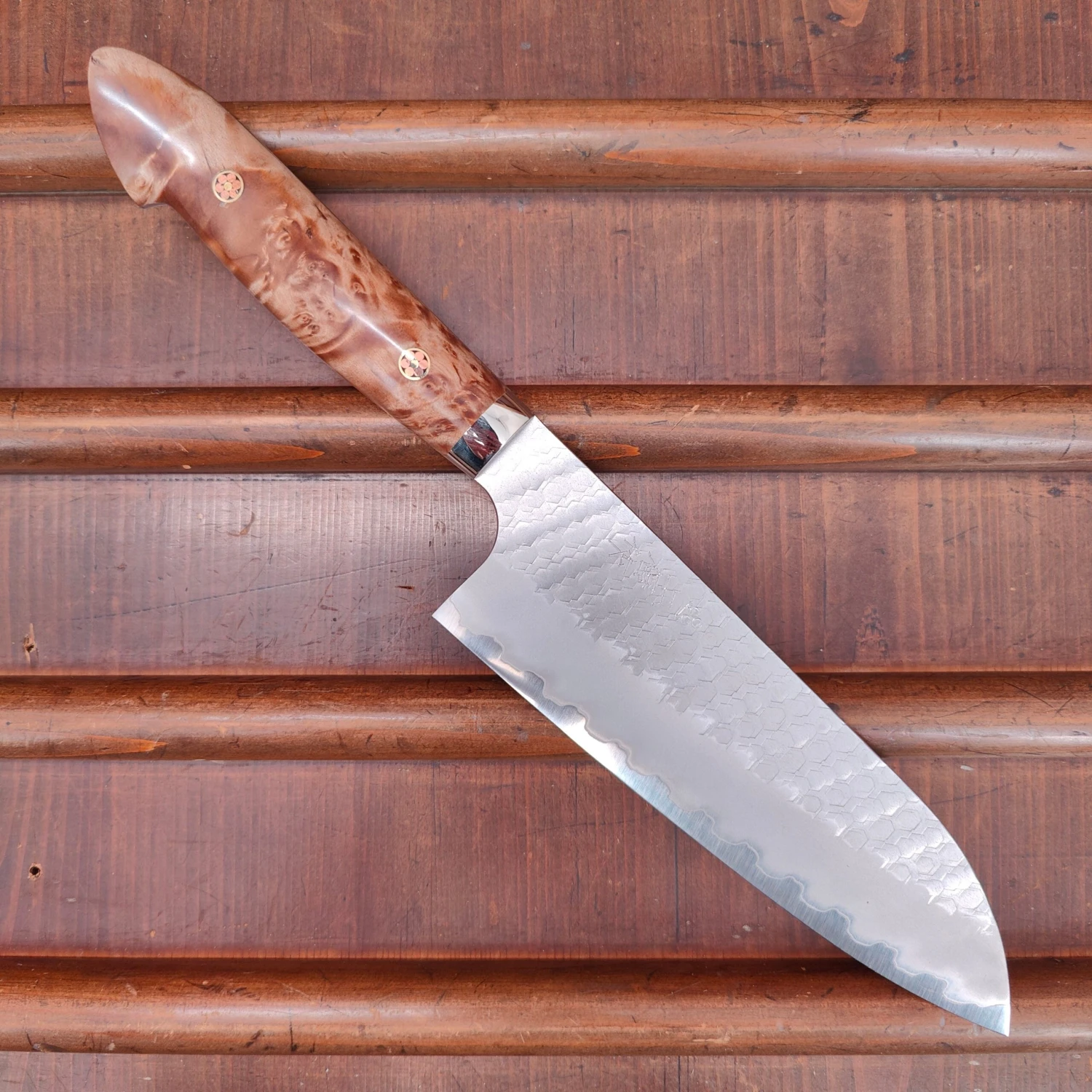 Nigara Hamono 180mm Santoku SG2 Migaki Tsuchime Stabilized Maple Burl Western Handle
