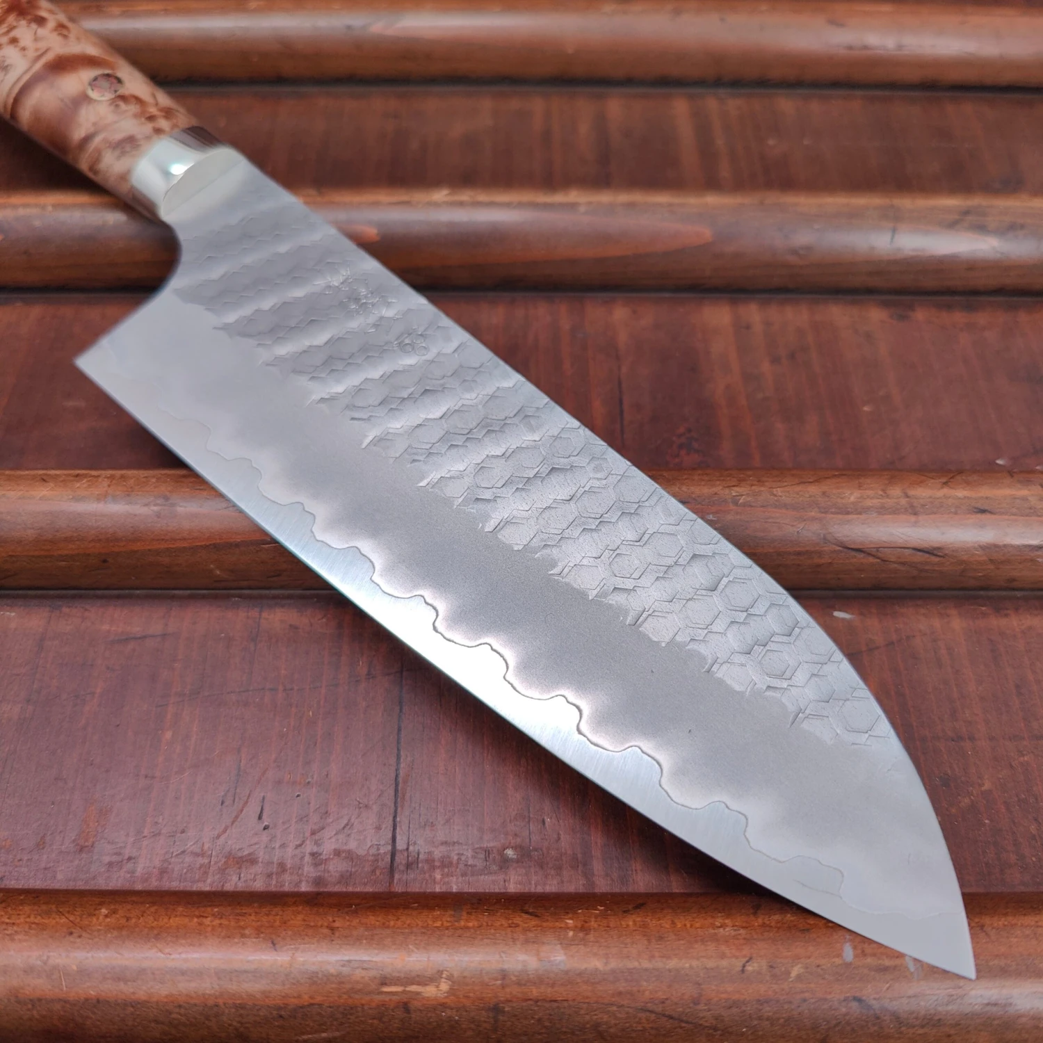 Nigara Hamono 180mm Santoku SG2 Migaki Tsuchime Stabilized Maple Burl Western Handle - Image 2
