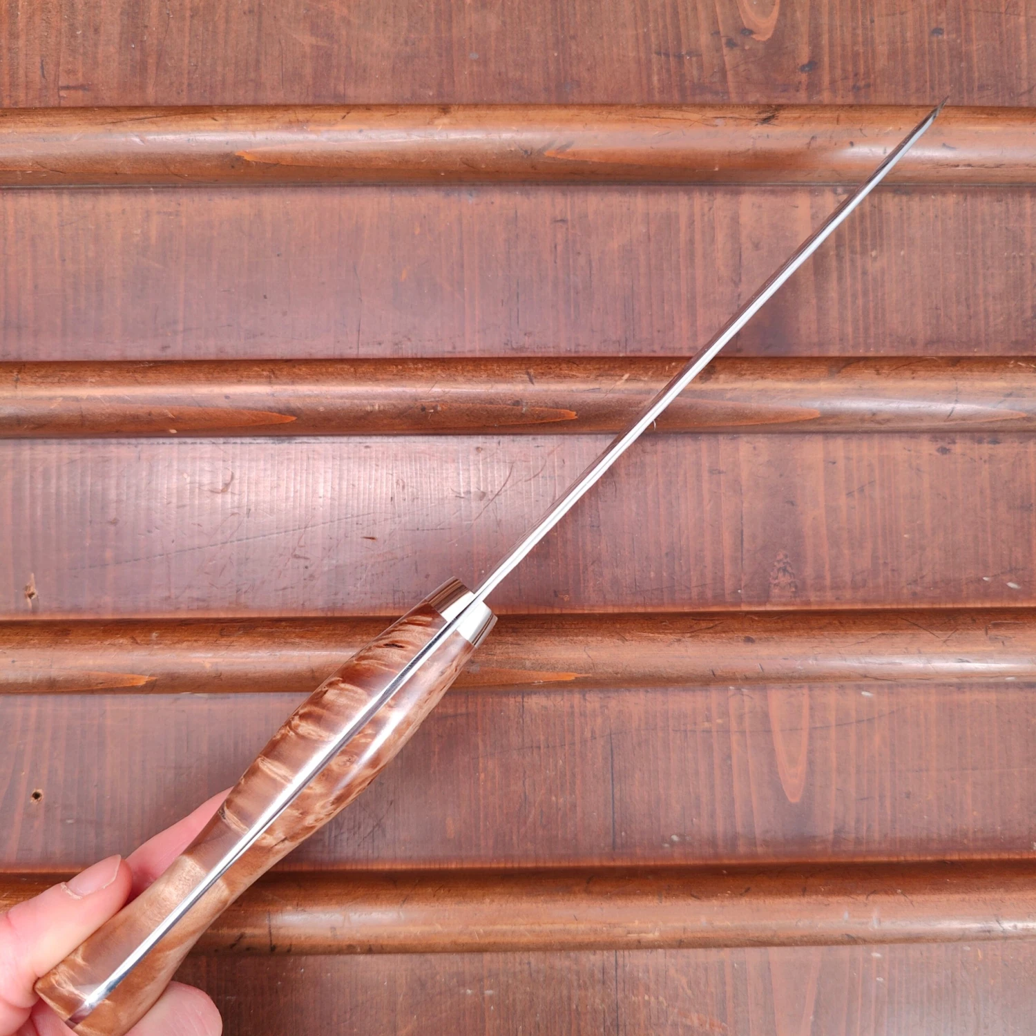 Nigara Hamono 180mm Santoku SG2 Migaki Tsuchime Stabilized Maple Burl Western Handle - Image 4