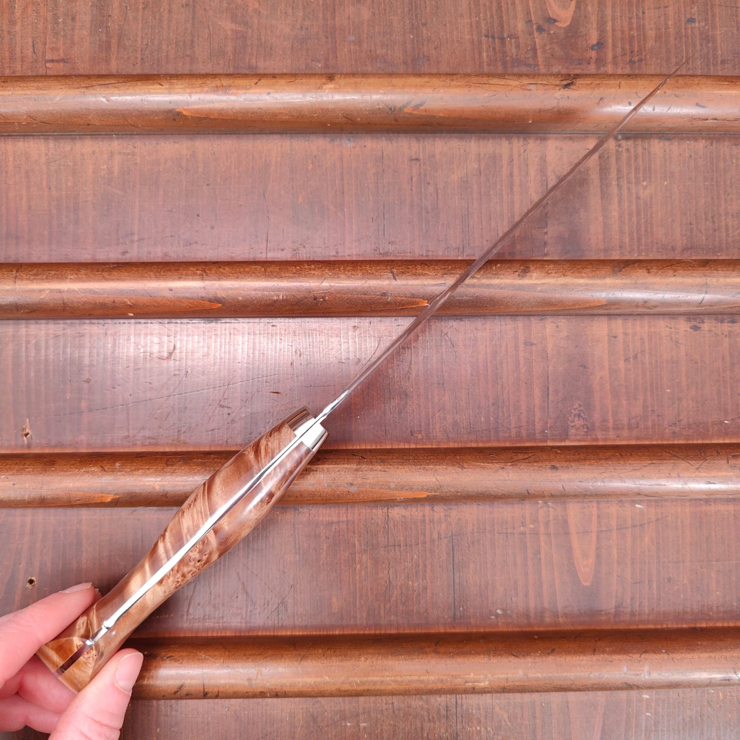 Nigara Hamono 180mm Santoku SG2 Migaki Tsuchime Stabilized Maple Burl Western Handle - Image 5