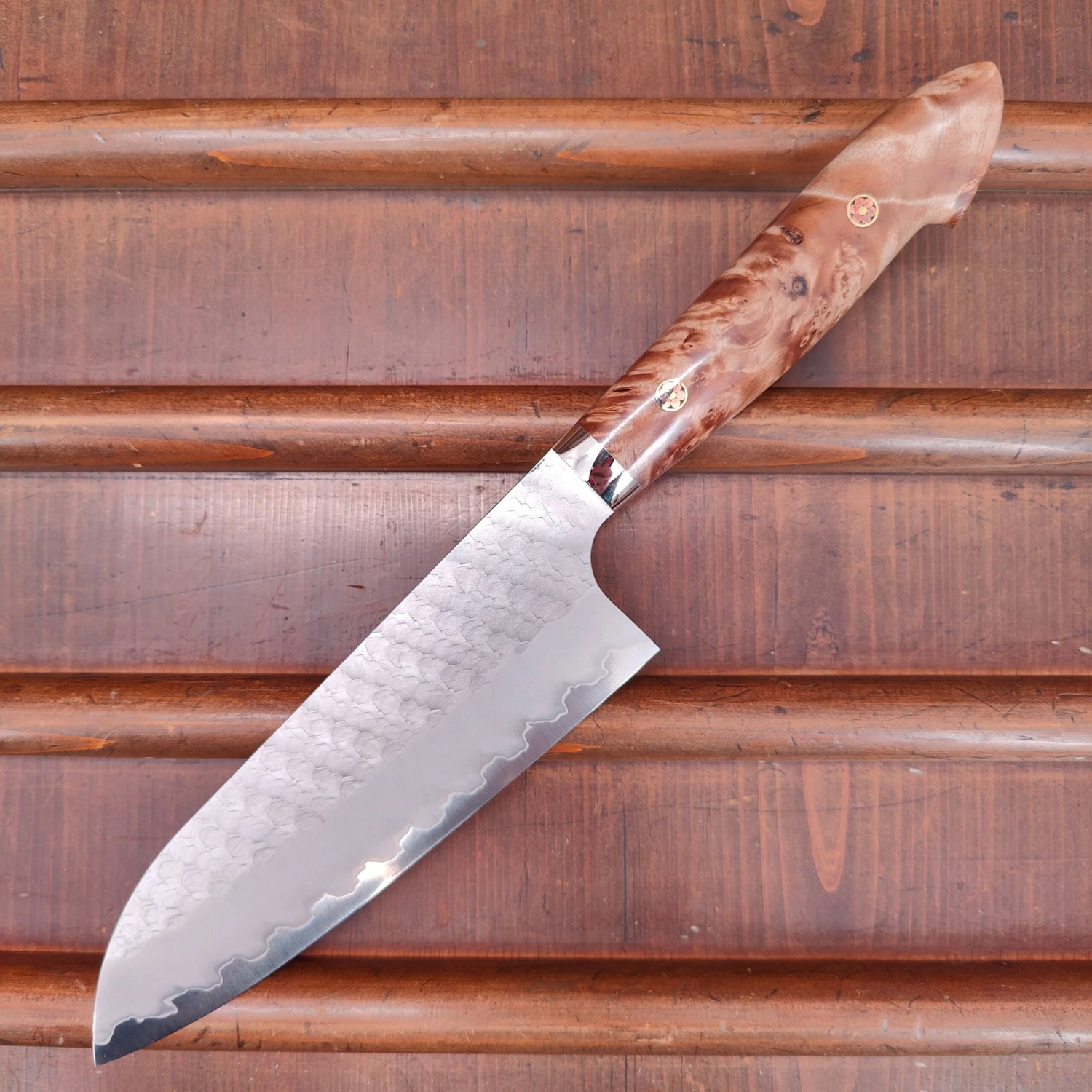 Nigara Hamono 180mm Santoku SG2 Migaki Tsuchime Stabilized Maple Burl Western Handle - Image 6