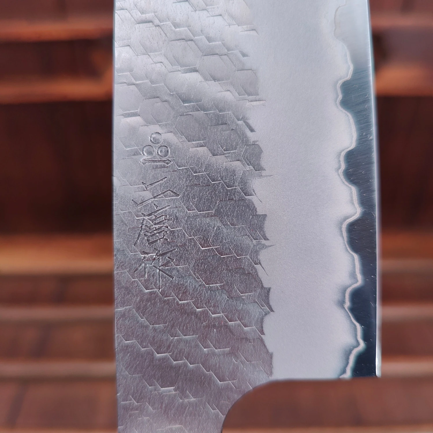 Nigara Hamono 180mm Santoku SG2 Migaki Tsuchime Stabilized Maple Burl Western Handle - Image 7