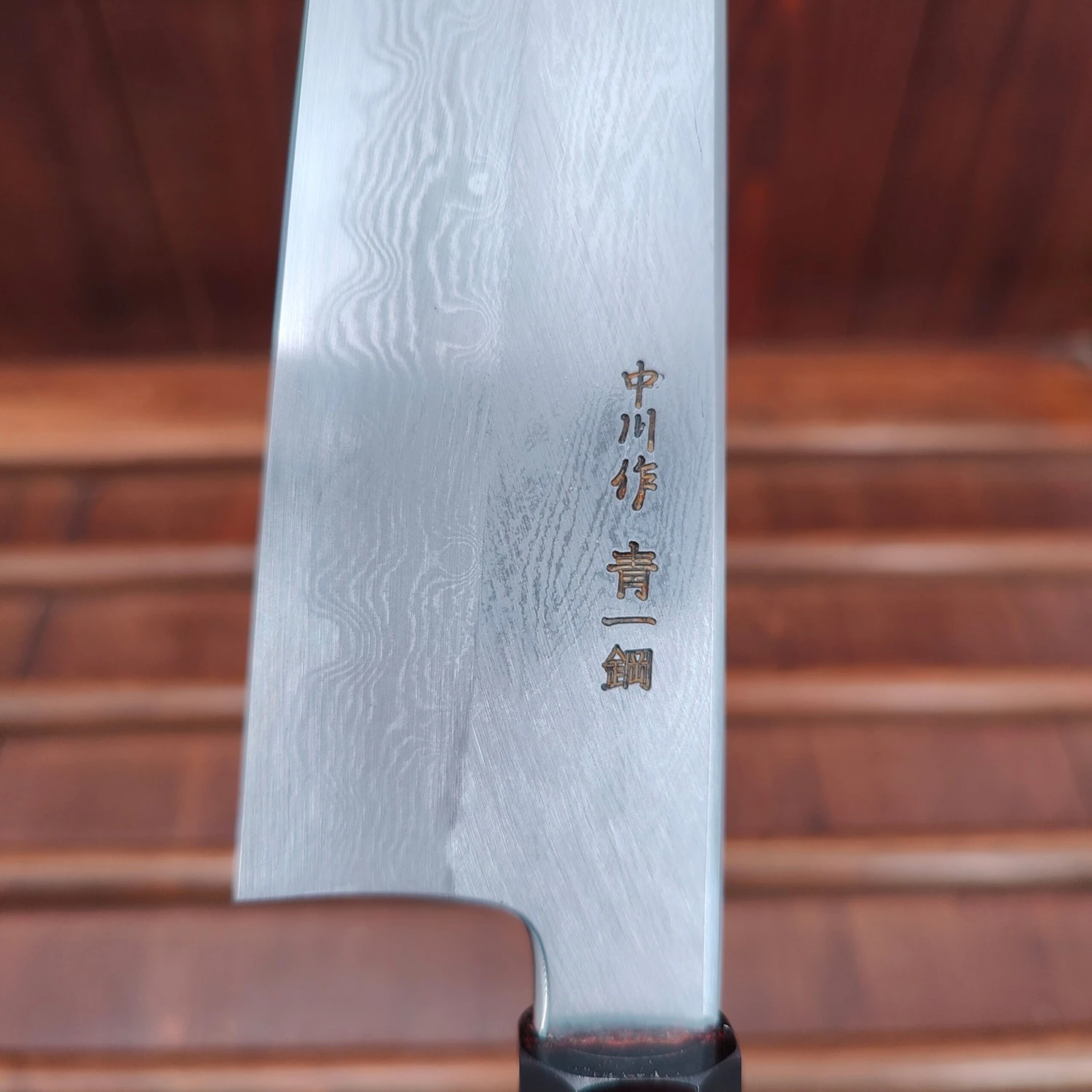Hatsukokuro Nakagawa 210mm Gyuto Aogami 1 Damascus Ebony Handle - Image 8