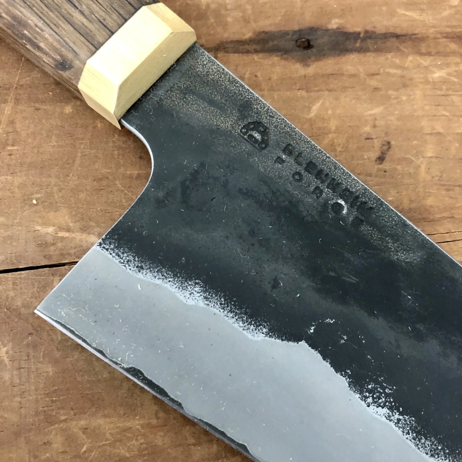 Blenheim Forge 170mm Funayuki Stainless Clad Aogami Super Fumed Oak & Brass - Image 3