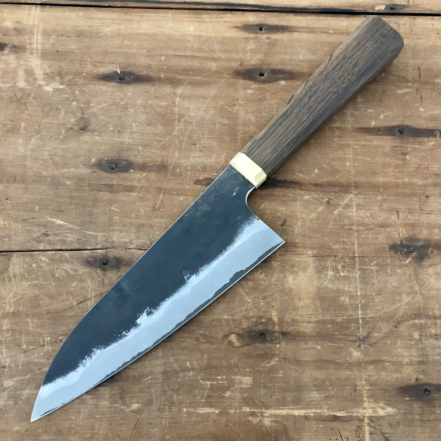 Blenheim Forge 170mm Funayuki Stainless Clad Aogami Super Fumed Oak & Brass - Image 5