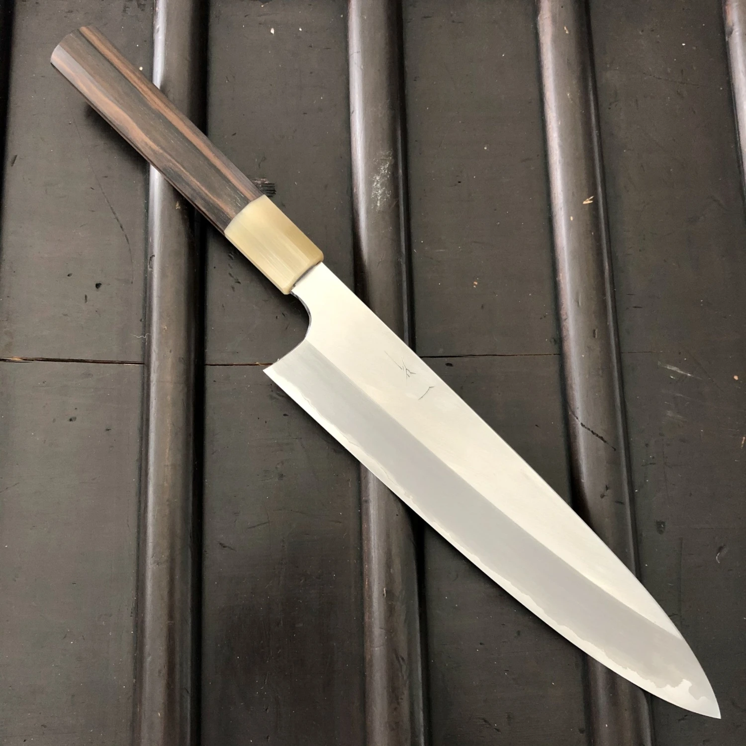 Hitohira Togashi 240mm Gyuto Stainless Clad Aogami 1 Macasser Ebony & Blonde Horn With Saya