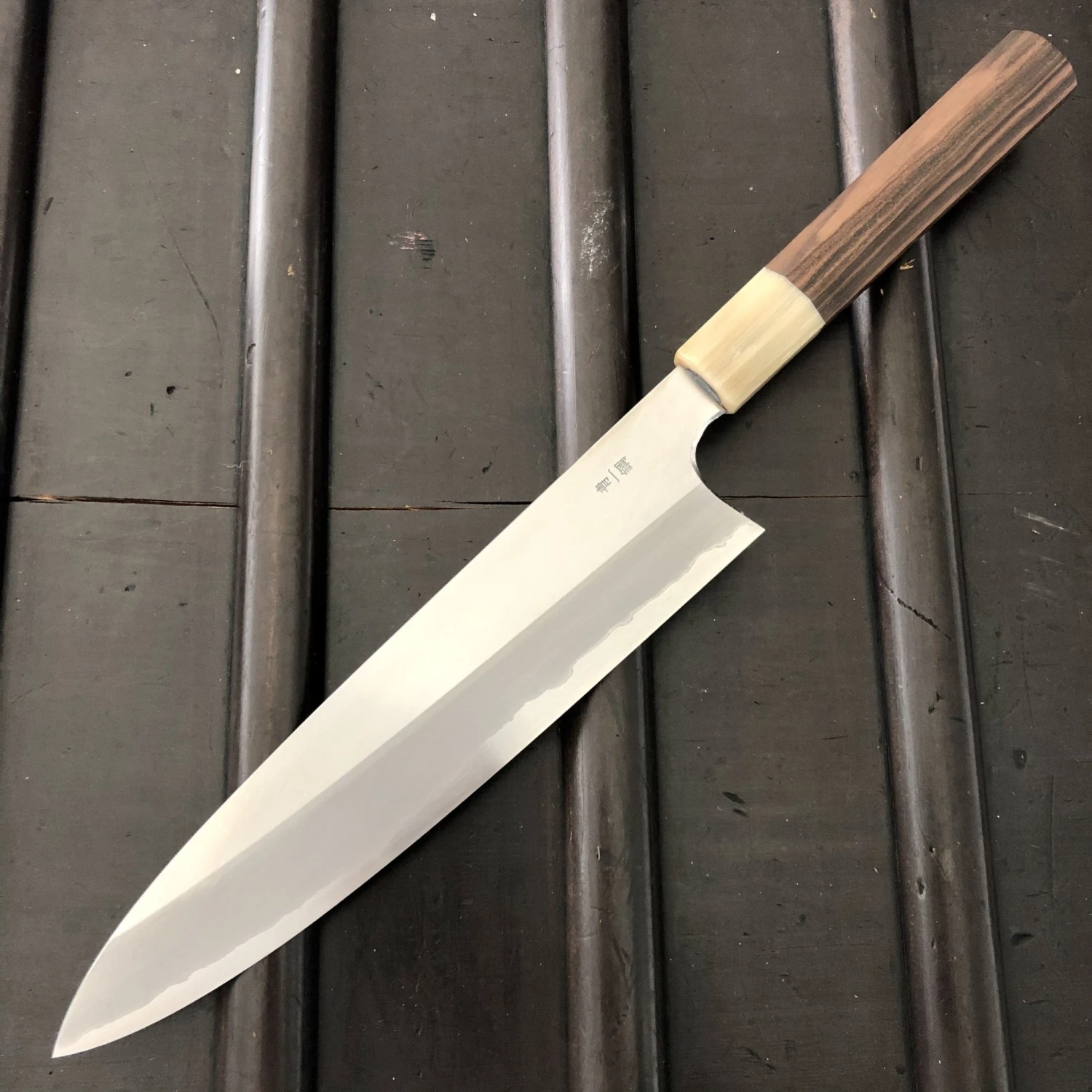 Hitohira Togashi 240mm Gyuto Stainless Clad Aogami 1 Macasser Ebony & Blonde Horn With Saya - Image 5