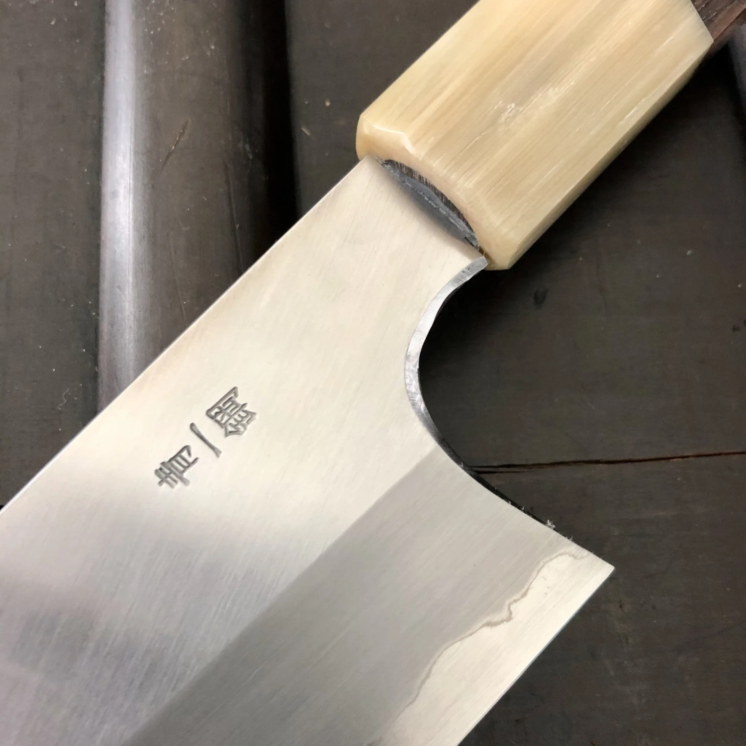 Hitohira Togashi 240mm Gyuto Stainless Clad Aogami 1 Macasser Ebony & Blonde Horn With Saya - Image 6