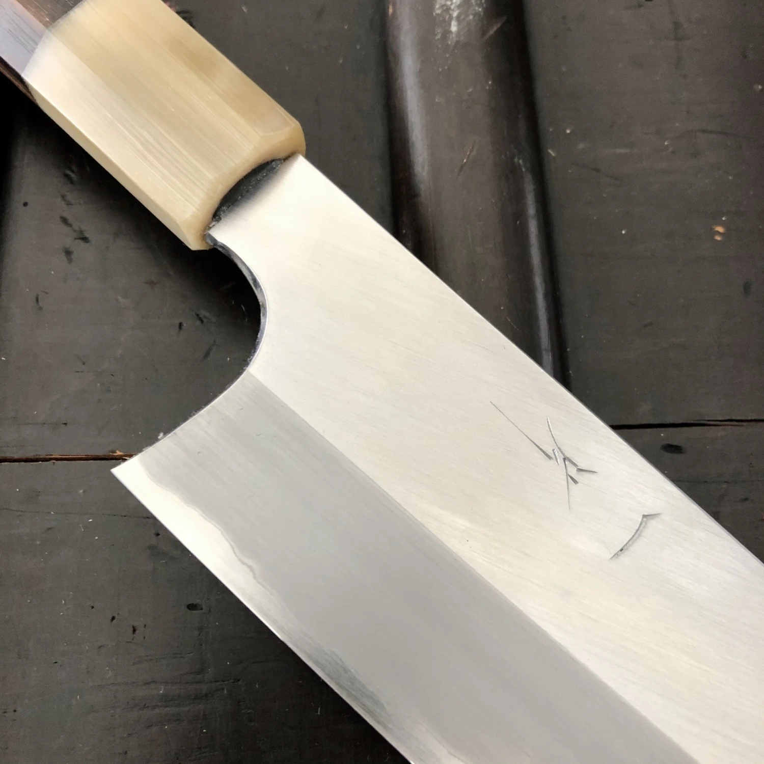 Hitohira Togashi 240mm Gyuto Stainless Clad Aogami 1 Macasser Ebony & Blonde Horn With Saya - Image 3