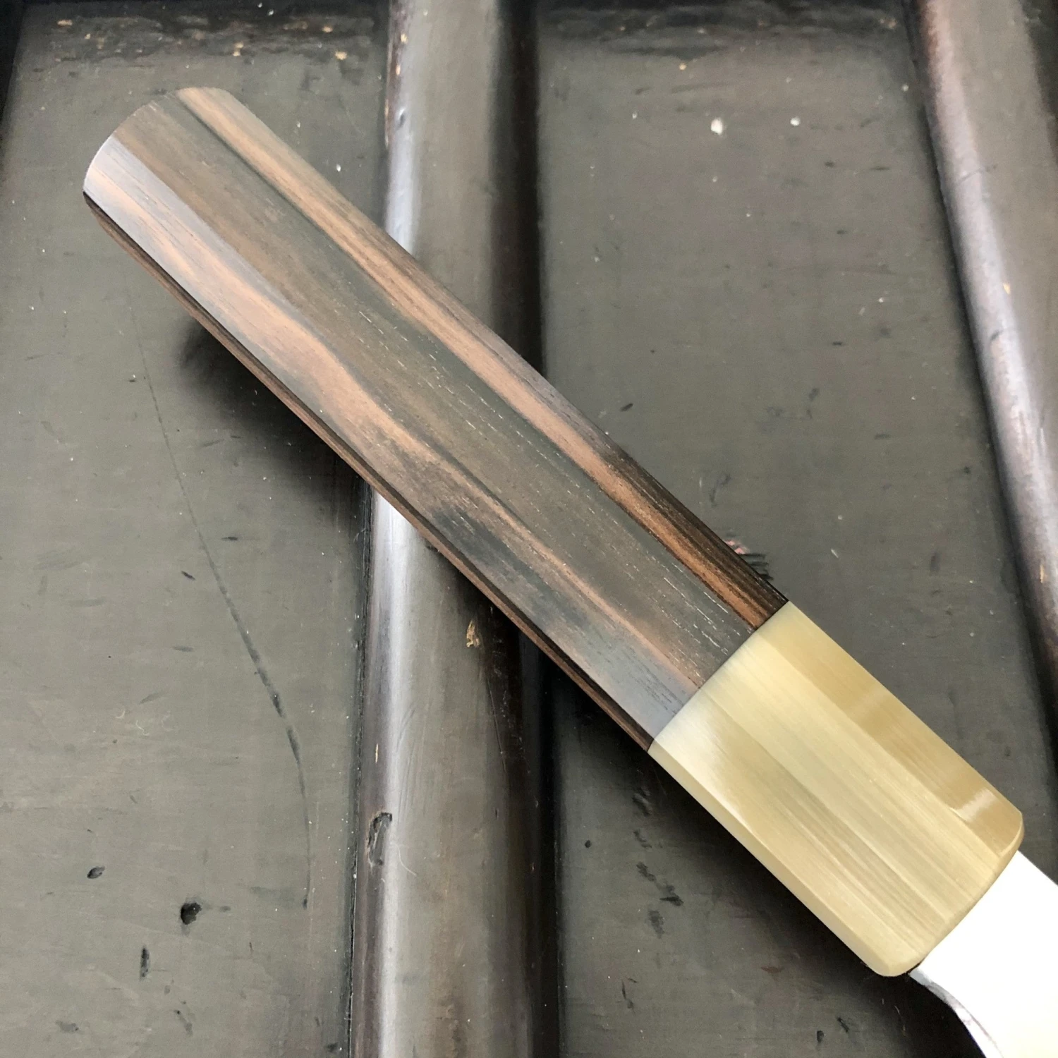 Hitohira Togashi 240mm Gyuto Stainless Clad Aogami 1 Macasser Ebony & Blonde Horn With Saya - Image 4