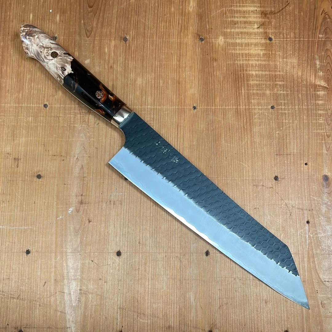 Nigara Hamono 240mm Kiritsuke Gyuto SG2 Kurouchi Tsuchime Stabilized Maple Burl W/ Acrylic Western Handle