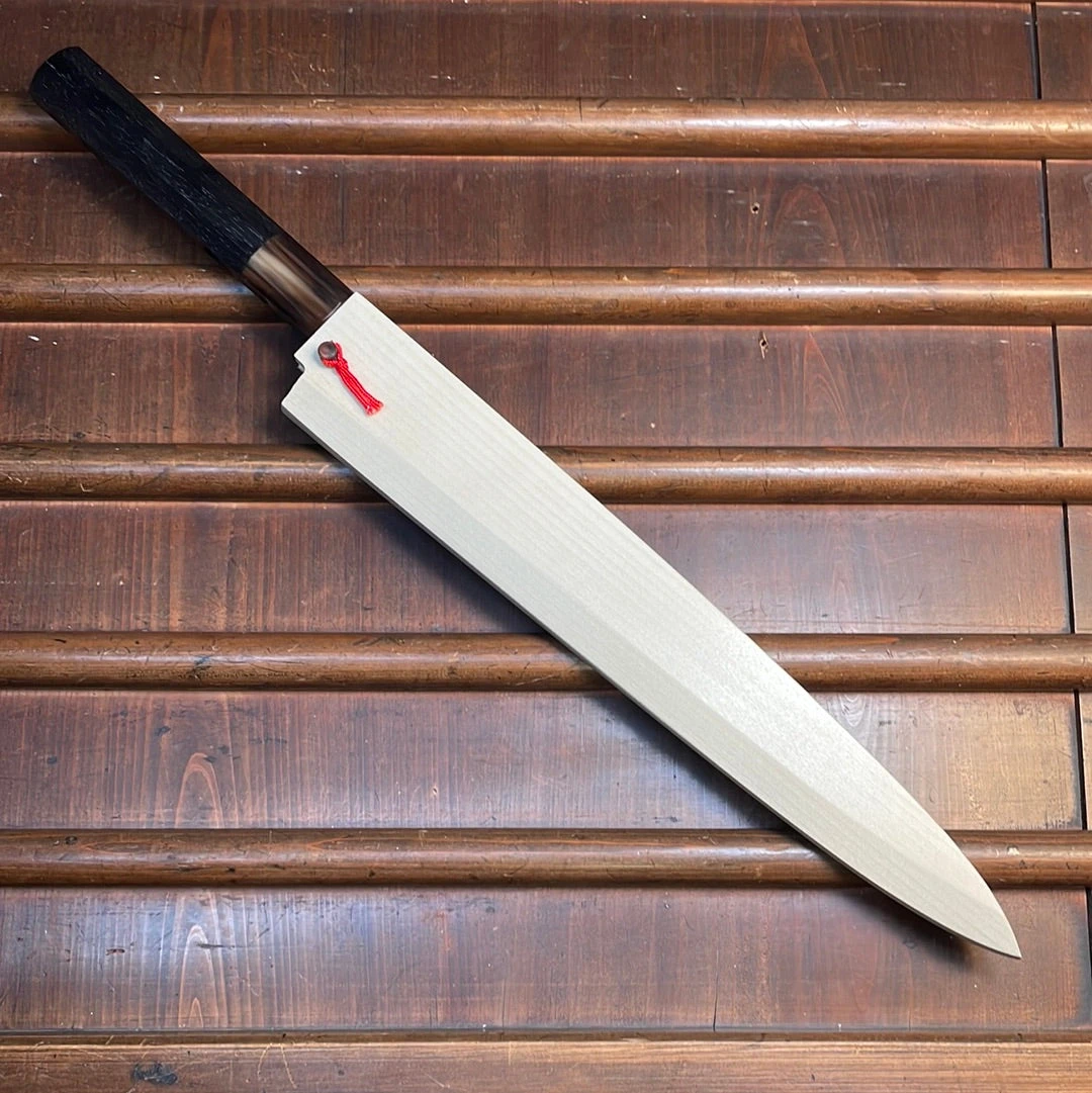 Hitohira Togashi 300mm Yanagi Shirogami 1 Mizu Honyaki Finish Tahei Ebony Horn W/ Saya - Image 2