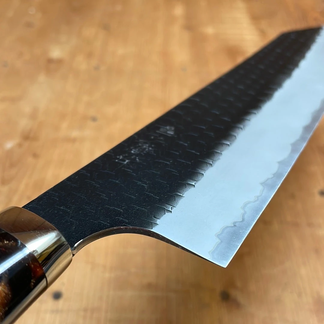 Nigara Hamono 240mm Kiritsuke Gyuto SG2 Kurouchi Tsuchime Stabilized Maple Burl W/ Acrylic Western Handle - Image 4