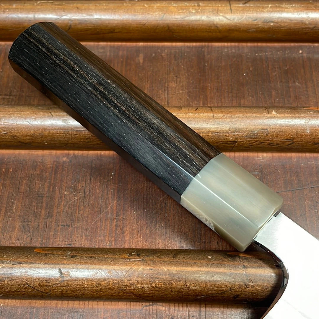 Hitohira Togashi 180mm Santoku Migaki Stainless Clad Aogami 1 Taihei Makassar Ebony Handle - Image 2