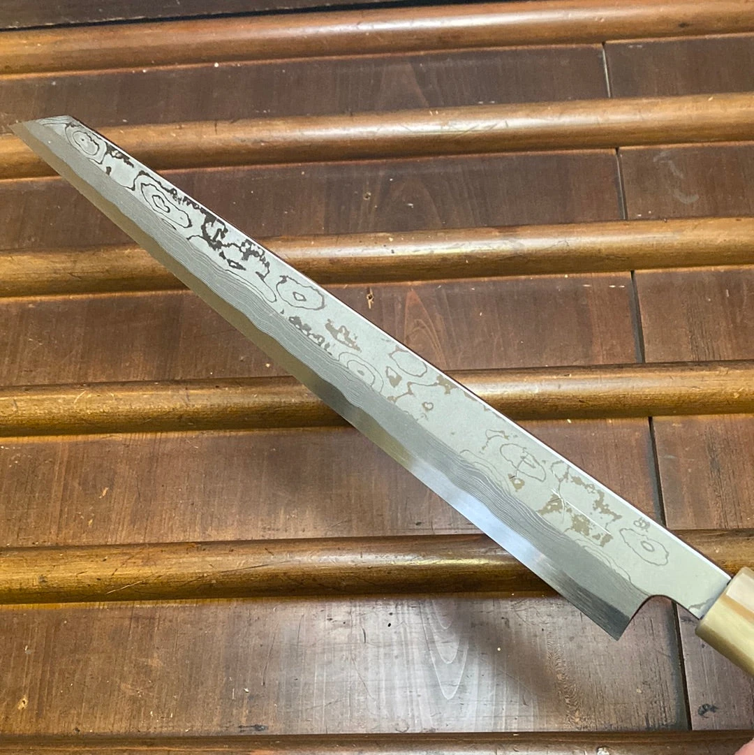 Hitohira Tanaka Manzo 300mm LEFTY Kiritsuke Yanagi Aogami 1 Damascus Ebony W/ Saya - Image 3