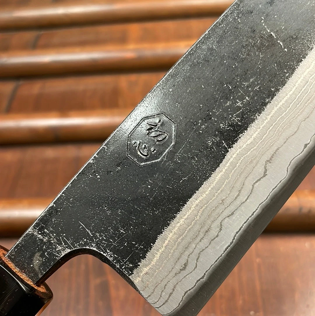 Kumokage 210mm Gyuto Aogami 2 Kurouchi Carbon Damascus Oct Teak Horn - Image 6