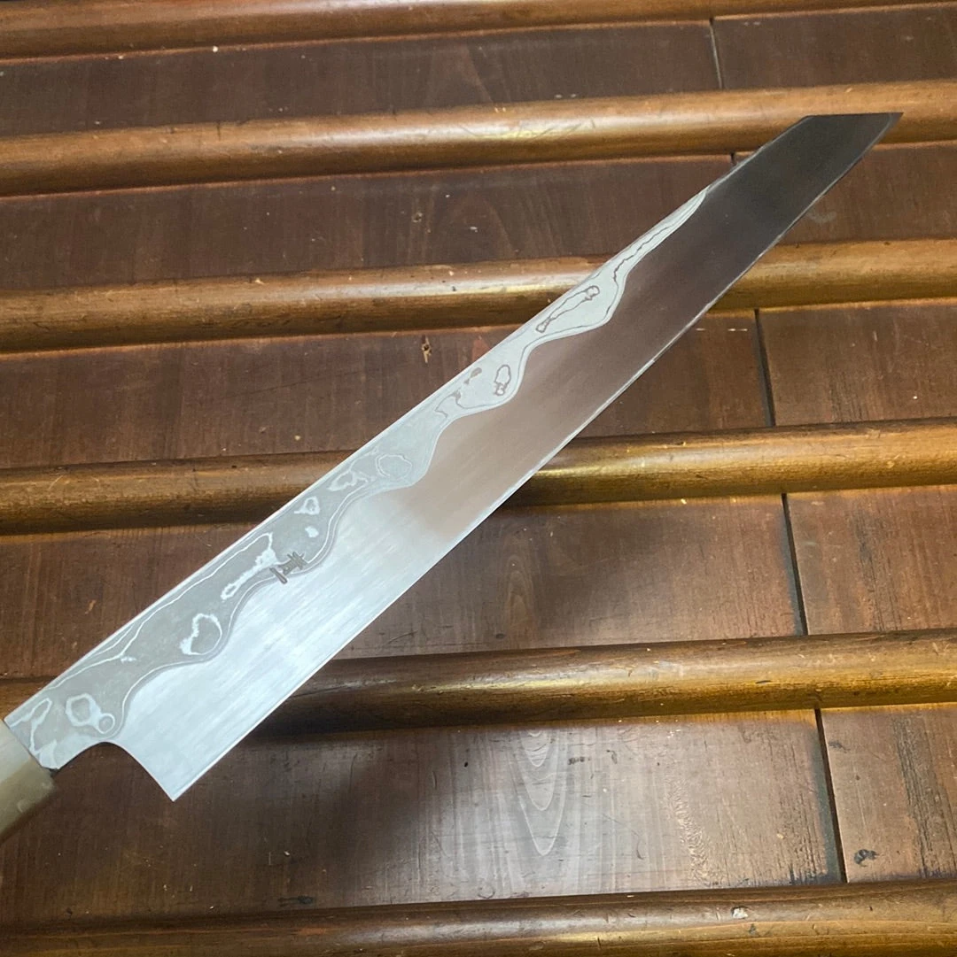 Hitohira Tanaka Manzo 300mm LEFTY Kiritsuke Yanagi Aogami 1 Damascus Ebony W/ Saya - Image 6