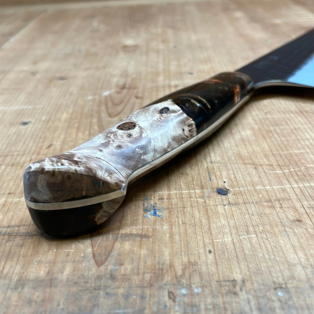 Nigara Hamono 240mm Kiritsuke Gyuto SG2 Kurouchi Tsuchime Stabilized Maple Burl W/ Acrylic Western Handle - Image 7