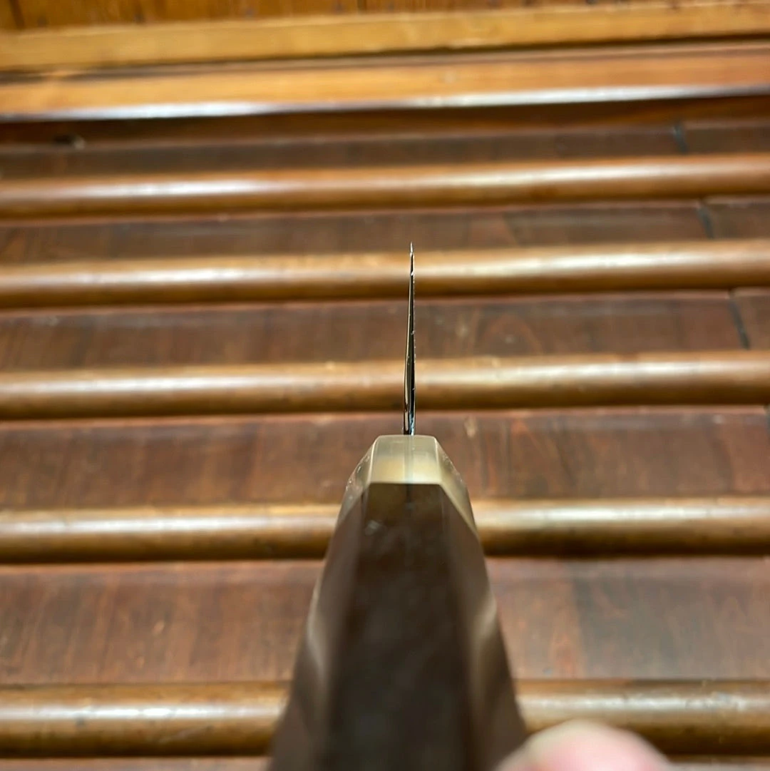 Hitohira Togashi 180mm Santoku Migaki Stainless Clad Aogami 1 Taihei Makassar Ebony Handle - Image 7