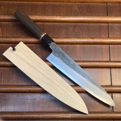 Sakai Kikumori Nakagawa 240mm Gyuto Aogami 1 Kurouchi Burnt Chestnut W/ Saya