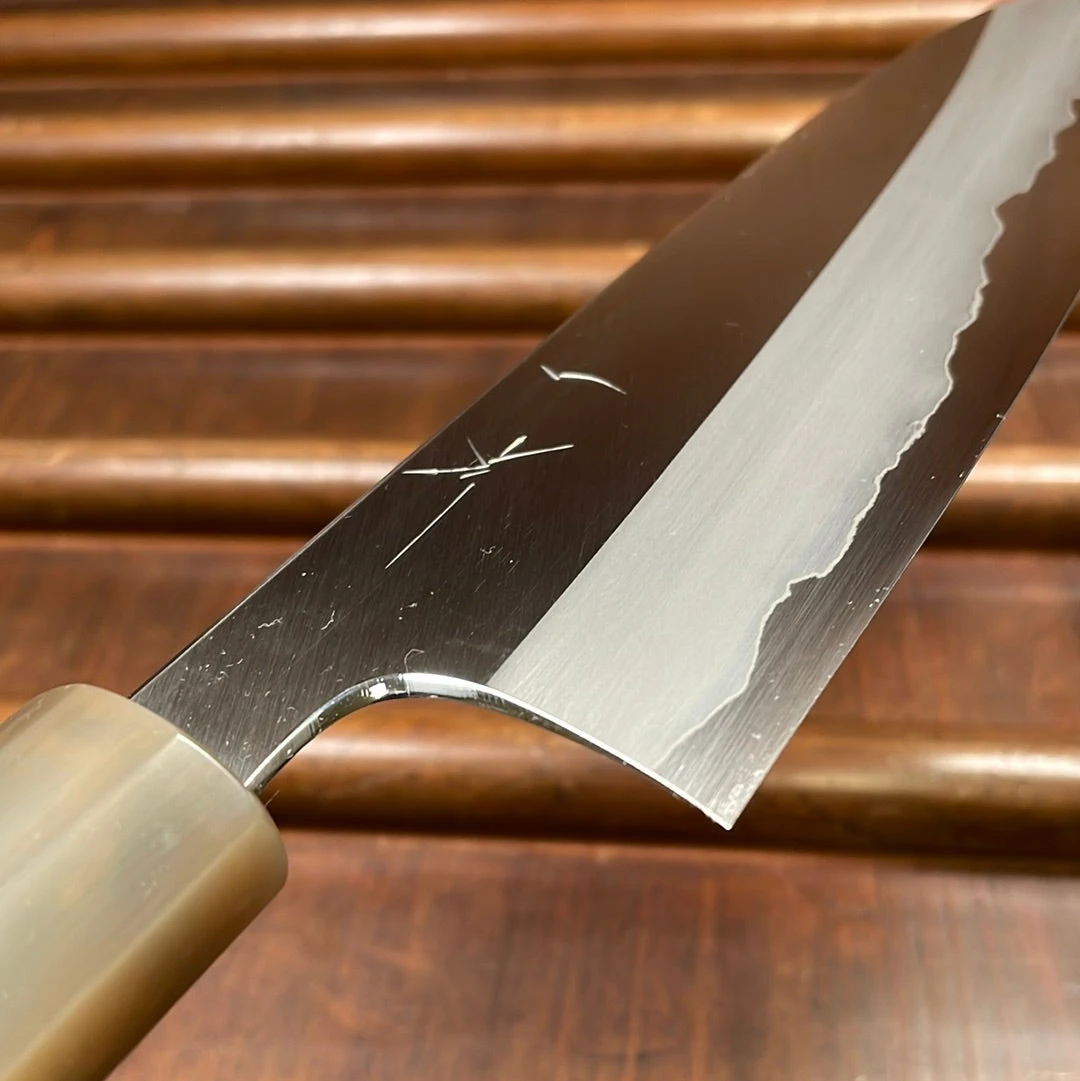 Hitohira Togashi 180mm Santoku Migaki Stainless Clad Aogami 1 Taihei Makassar Ebony Handle - Image 4