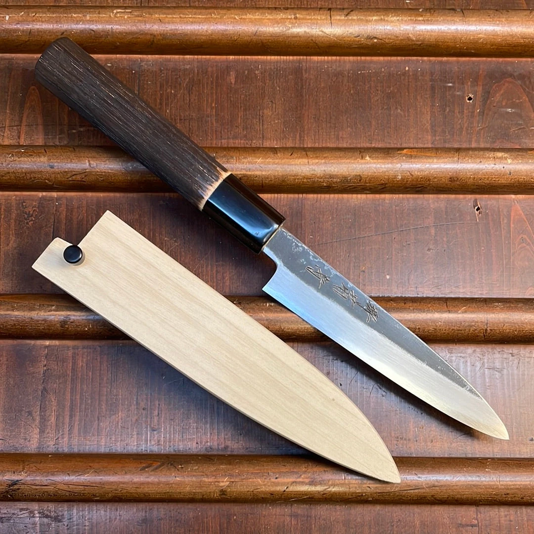 Sakai Kikumori Nakagawa 135mm Petty Aogami 1 Kurouchi Burnt Chestnut W/ Saya