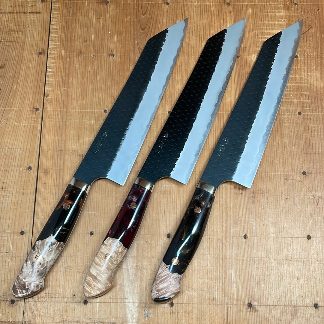 Nigara Hamono 240mm Kiritsuke Gyuto SG2 Kurouchi Tsuchime Stabilized Maple Burl W/ Acrylic Western Handle - Image 8