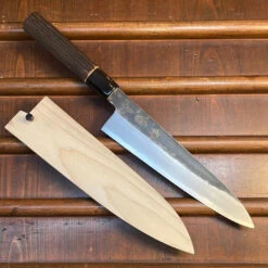 Sakai Kikumori Nakagawa 210mm Gyuto Aogami 1 Kurouchi Burnt Chestnut W/ Saya