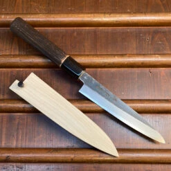 Sakai Kikumori Nakagawa 150mm Petty Aogami 1 Kurouchi Burnt Chestnut W/ Saya