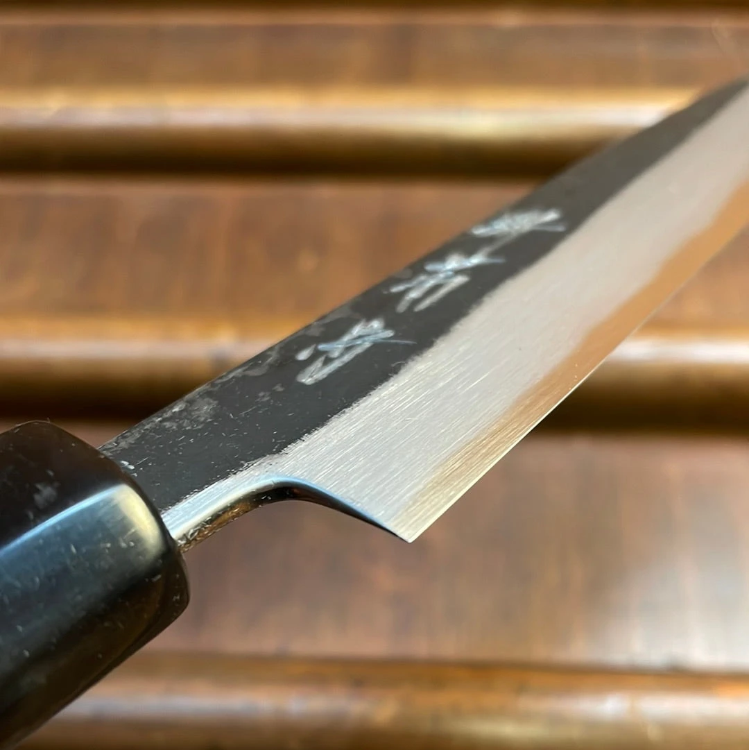 Sakai Kikumori Nakagawa 135mm Petty Aogami 1 Kurouchi Burnt Chestnut W/ Saya - Image 5