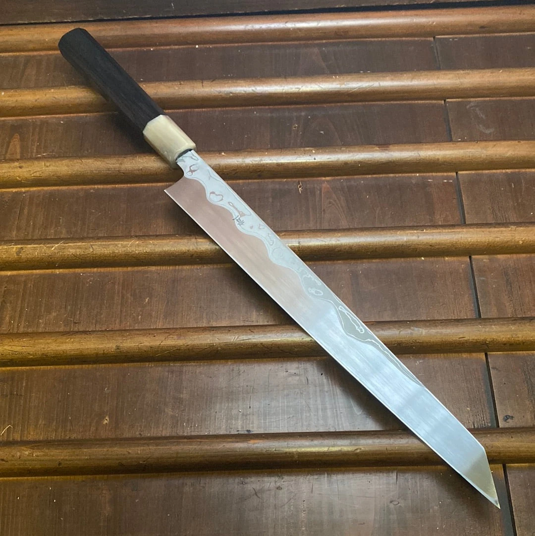 Hitohira Tanaka Manzo 300mm LEFTY Kiritsuke Yanagi Aogami 1 Damascus Ebony W/ Saya - Image 2