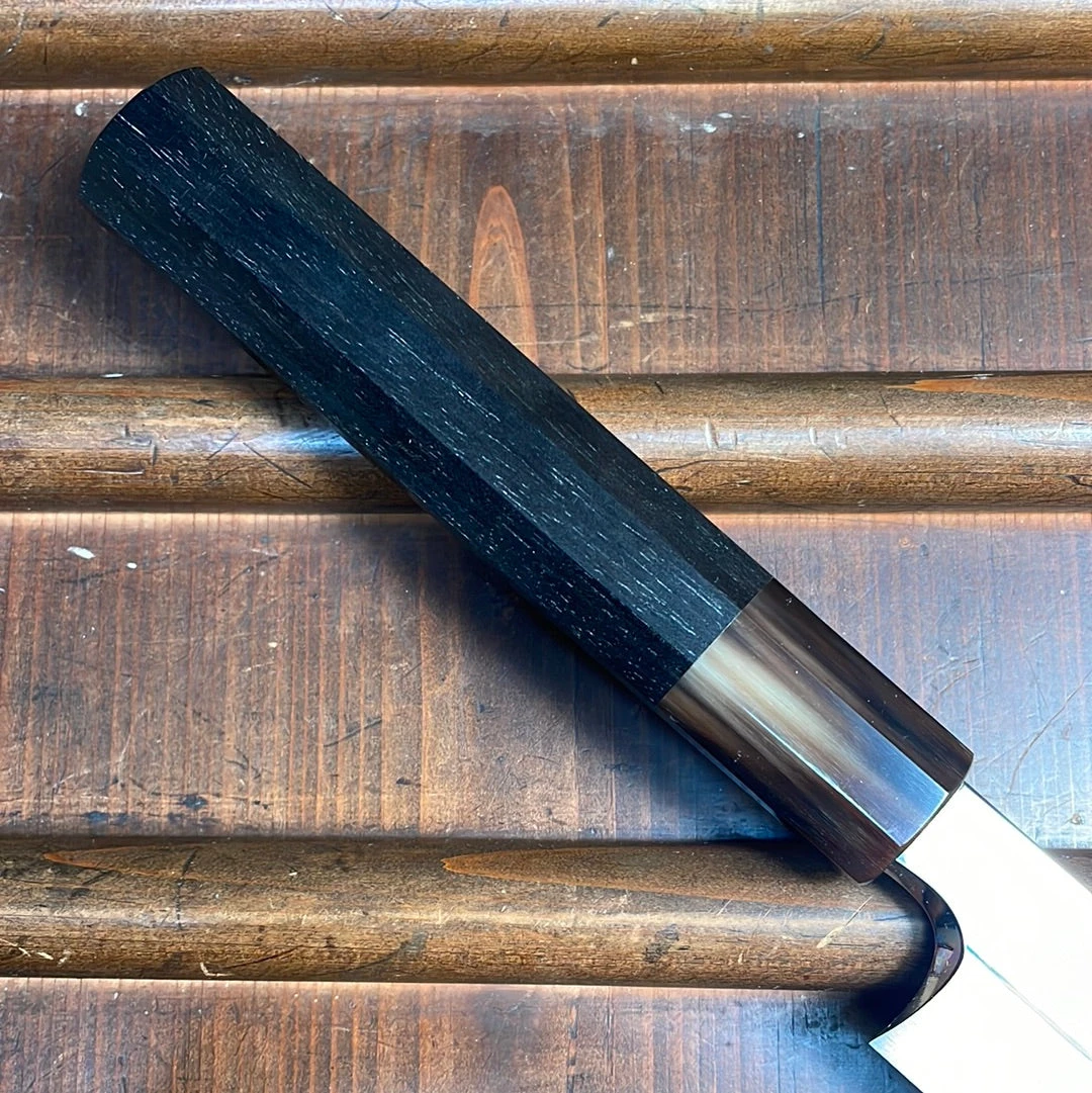 Hitohira Togashi 300mm Yanagi Shirogami 1 Mizu Honyaki Finish Tahei Ebony Horn W/ Saya - Image 3