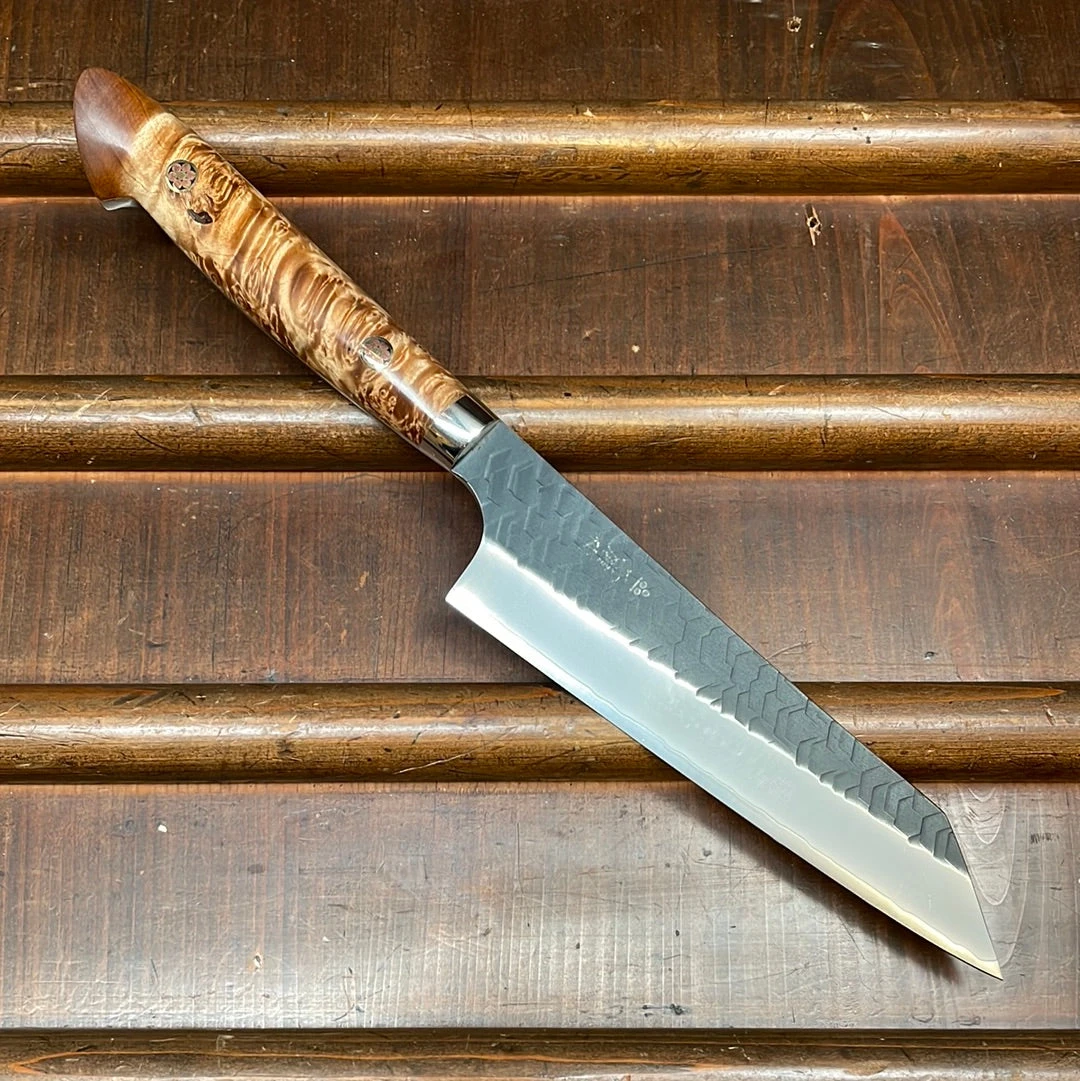 Nigara Hamono SG2 150mm Honesuki Kaku Kurouchi Tsuchime Stabilized Maple Burl Western Handle