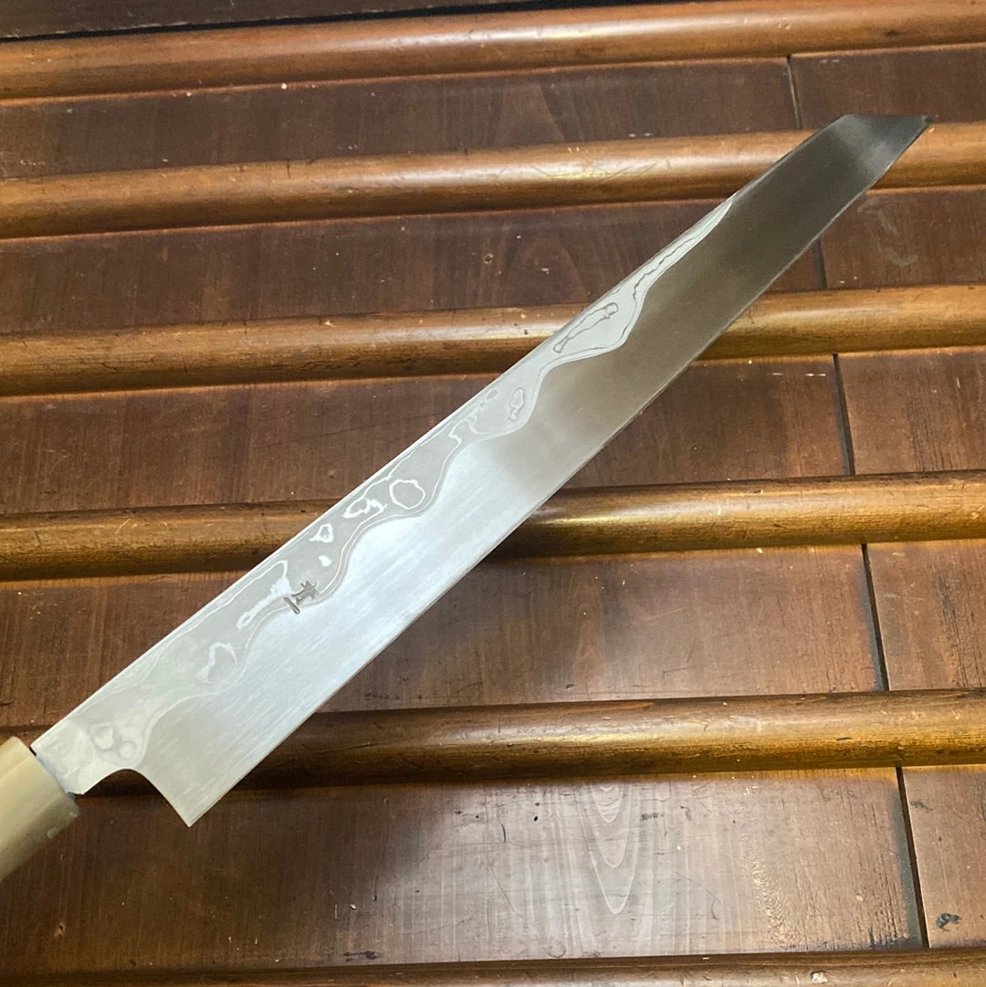 Hitohira Tanaka Manzo 300mm LEFTY Kiritsuke Yanagi Aogami 1 Damascus Ebony W/ Saya - Image 5