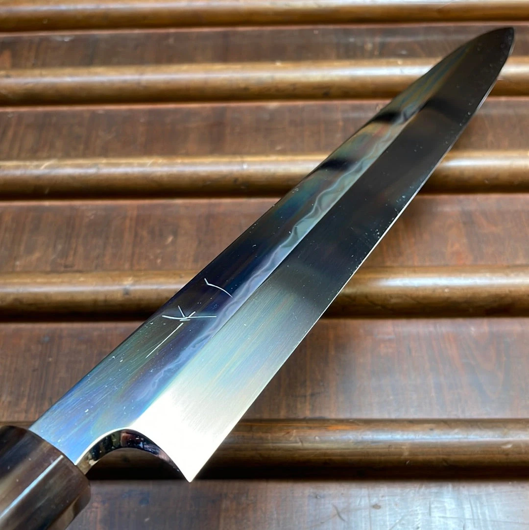 Hitohira Togashi 300mm Yanagi Shirogami 1 Mizu Honyaki Finish Tahei Ebony Horn W/ Saya - Image 4