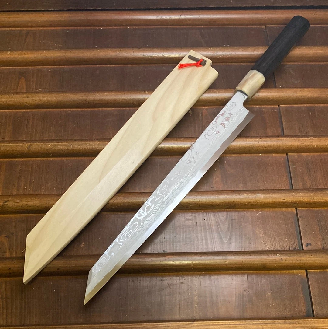 Hitohira Tanaka Manzo 300mm LEFTY Kiritsuke Yanagi Aogami 1 Damascus Ebony W/ Saya