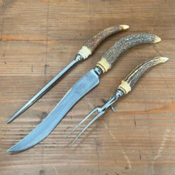 Vintage A J Jordan Carving Set AAA1 Sheffield England Curved Blade Horn Tip Handles 1880's-1920's