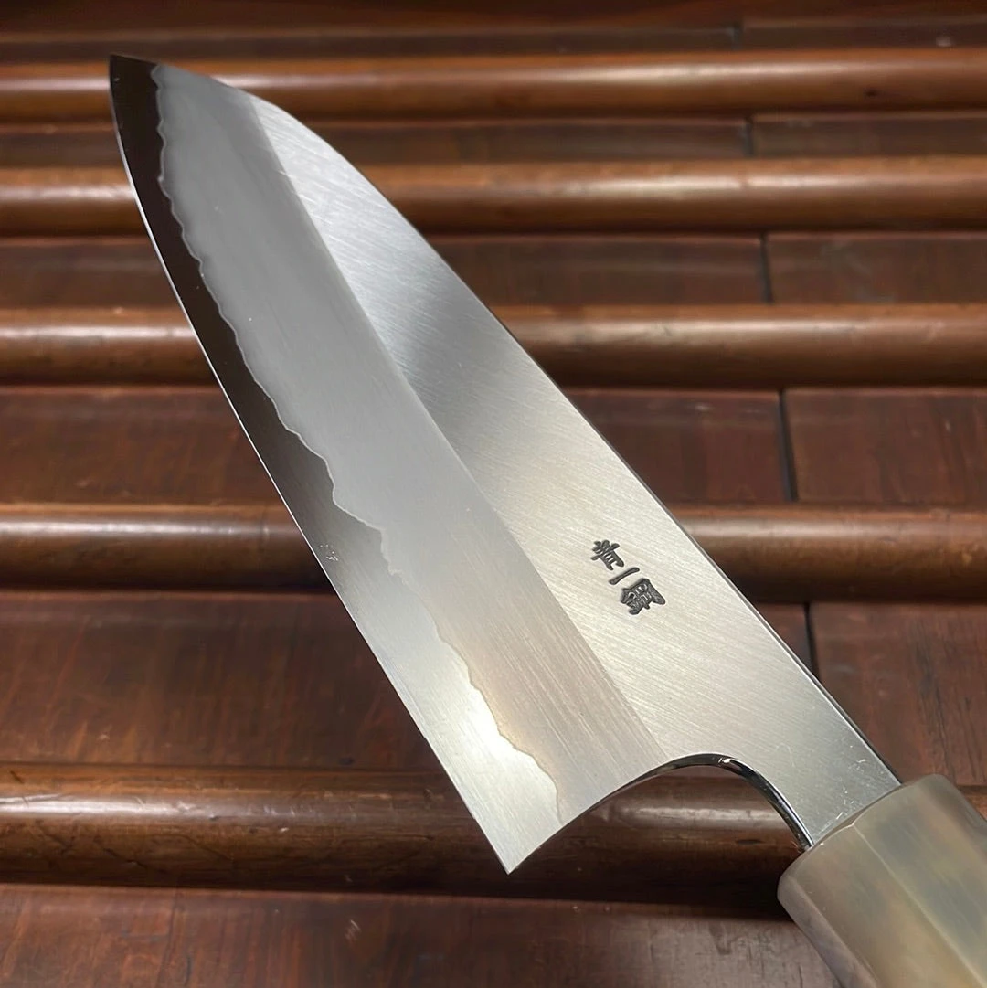 Hitohira Togashi 180mm Santoku Migaki Stainless Clad Aogami 1 Taihei Makassar Ebony Handle - Image 5