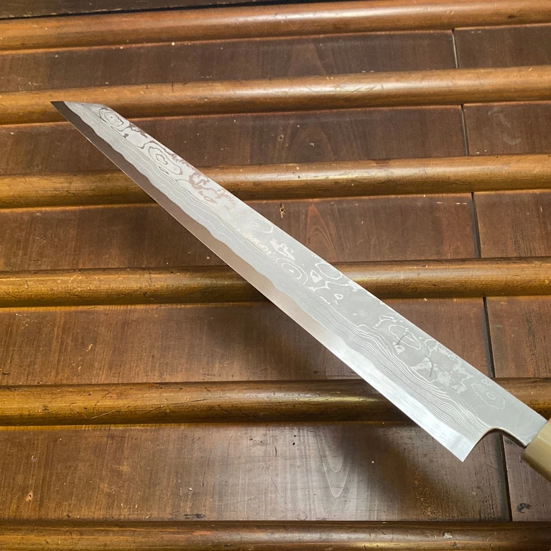 Hitohira Tanaka Manzo 300mm LEFTY Kiritsuke Yanagi Aogami 1 Damascus Ebony W/ Saya - Image 4