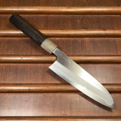 Hitohira Togashi 180mm Santoku Migaki Stainless Clad Aogami 1 Taihei Makassar Ebony Handle