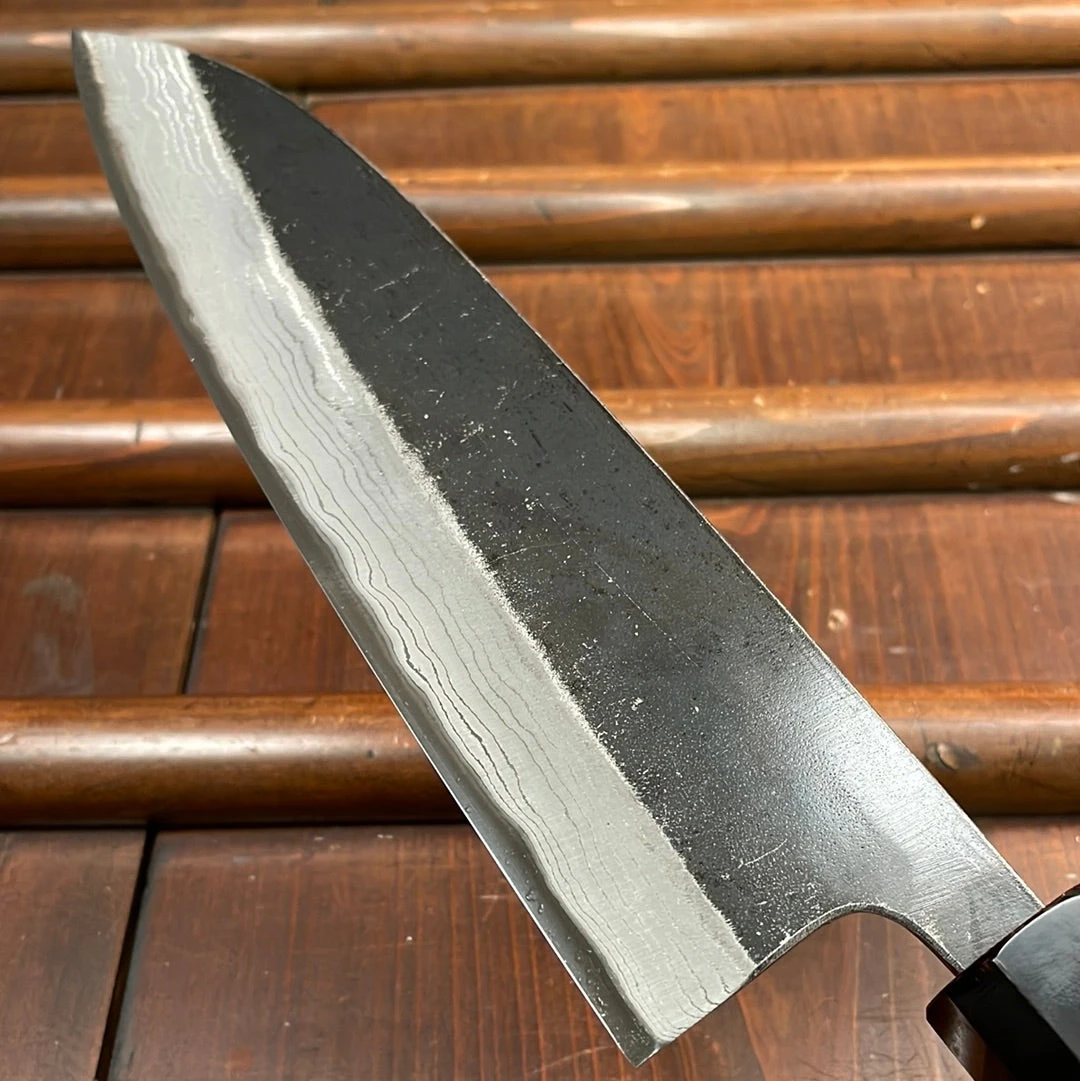 Kumokage 180mm Santoku Aogami 2 Kurouchi Carbon Damascus Oct Teak Horn - Image 4