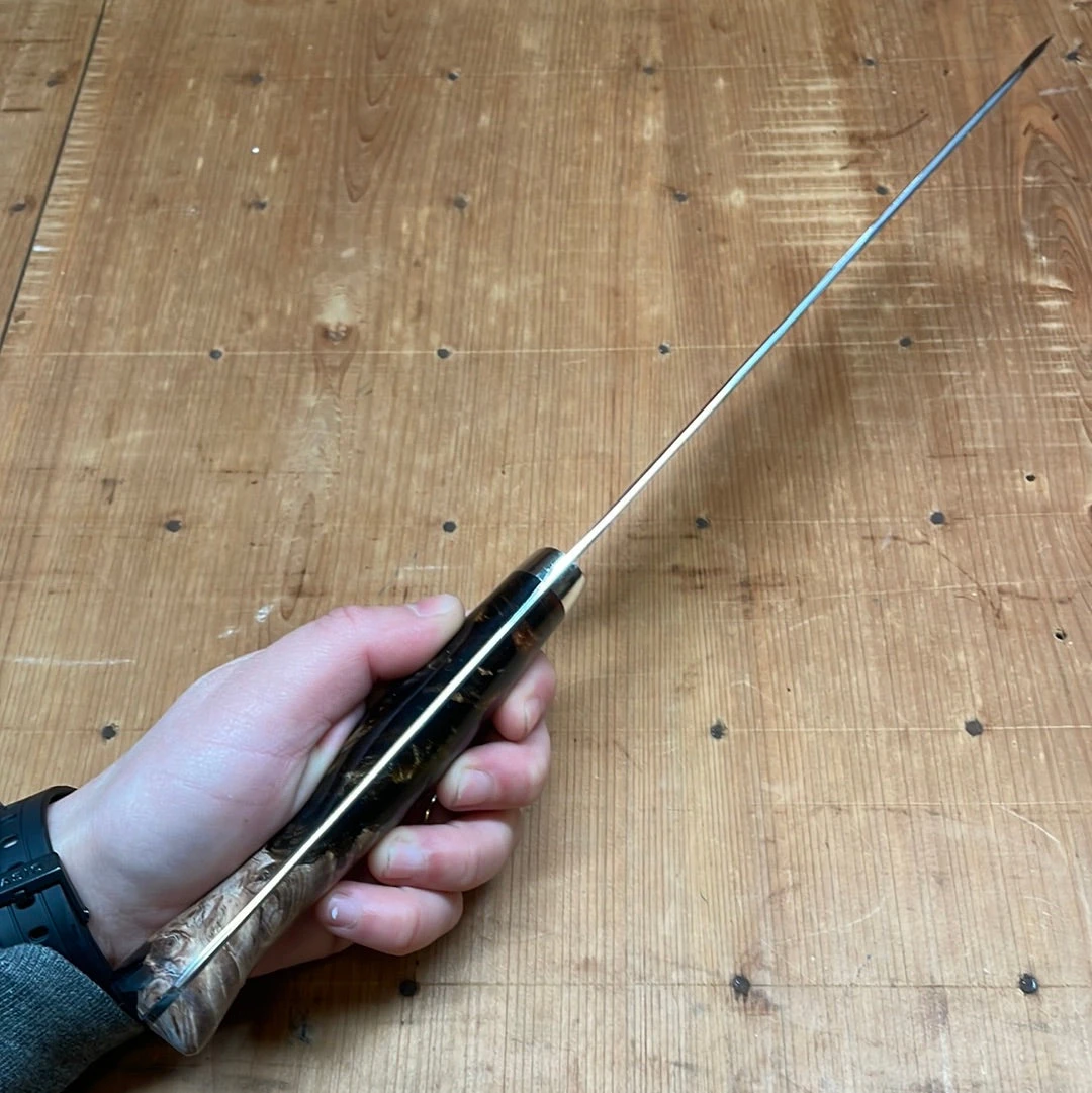 Nigara Hamono 240mm Kiritsuke Gyuto SG2 Kurouchi Tsuchime Stabilized Maple Burl W/ Acrylic Western Handle - Image 6