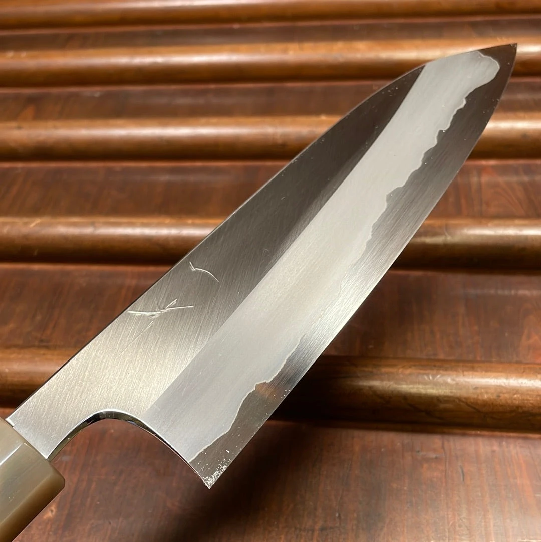 Hitohira Togashi 180mm Santoku Migaki Stainless Clad Aogami 1 Taihei Makassar Ebony Handle - Image 3