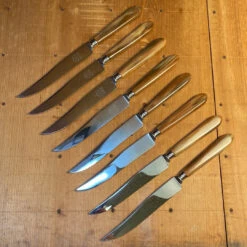 Vintage Eichenlaub Steak Knife Set 8 Forged Stainless & Butterscotch Solingen Germany~1950's 60's W Box